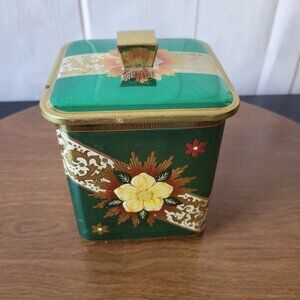 Vintage1970’s Square Green/Gold Barret Tin Canister, Made in England, Floral